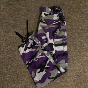 Purple/black/white camo parachute pants